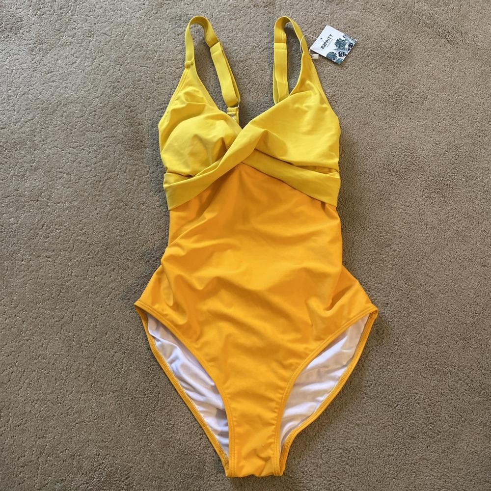 ONE PIECE SWIMSUIT WOMEN'S SIZE M BRIGHT COLOR BLOCKED YELLOW TUMMY CONTROL